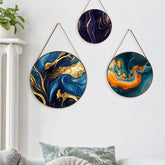 Minimalist Blue & Gold Round Framed Canvas Wall Paintings - Set of 3